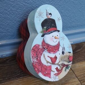 Christmas Box Snowman Birds Snowflakes Red Black Plaid Susan Winget